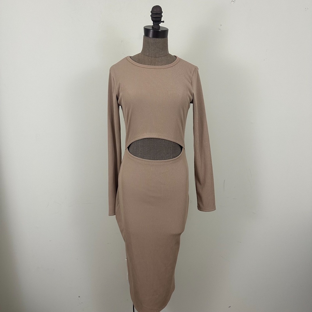 PrettyGarden Midi Cut Out Dress Beige Stretch Bodycon Ribbed Party Wear Womens S